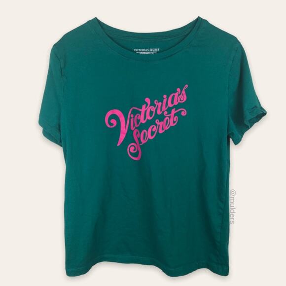 Victoria's Secret Short Sleeve Green Shirt with Pink Brand Graphic Logo Small - Picture 1 of 6